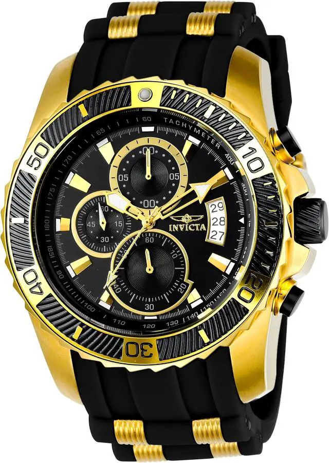 Alt view image 8 of 14 - Invicta 22430 Men's Pro Diver Chronograph Black Silicone & Pu Black Dial 18K Gp Ss Watch