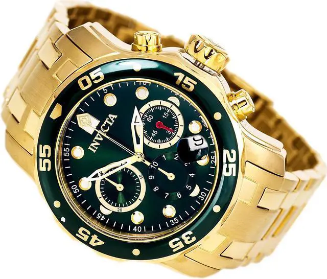 Alt view image 9 of 17 - Invicta Men's Pro Diver Chronograph Watch - 18K Gold Plated Steel, Green Dial