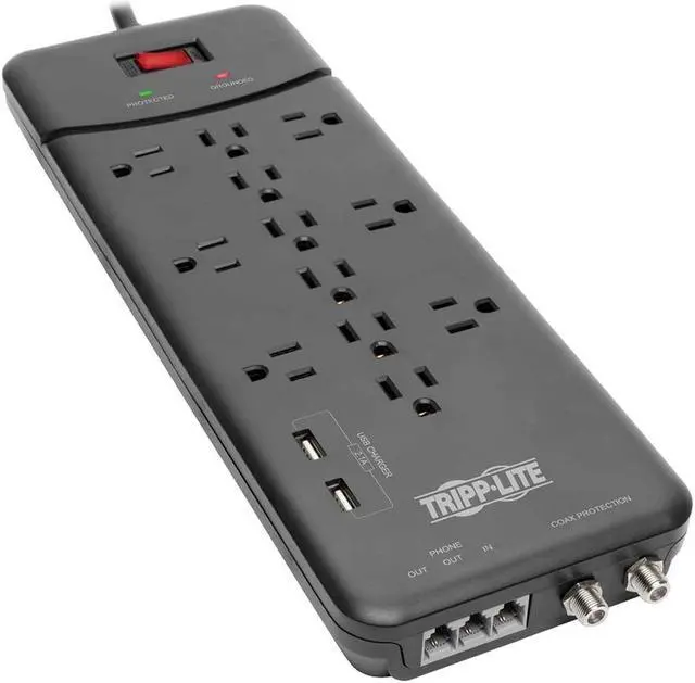 Alt view image 9 of 14 - Tripp Lite Surge Protector Power Strip 12 Outlets, 2 USB Charging Ports Tel/Modem/Coax