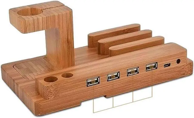 Alt view image 3 of 5 - Fashion Multifunctional Bamboo USB Charging Dock Phone Tablet Holder Mount for Apple Watch Phone Holder