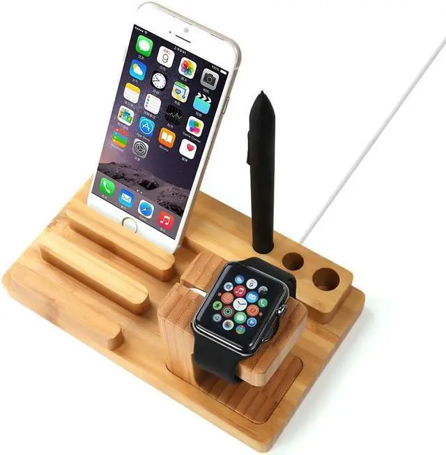 Alt view image 3 of 6 - Mobile Phone Desktop Holder Stand for iPad Tablet Bracket Real Bamboo wood Charging Stand for Apple Watch Pad Phone Tablet
