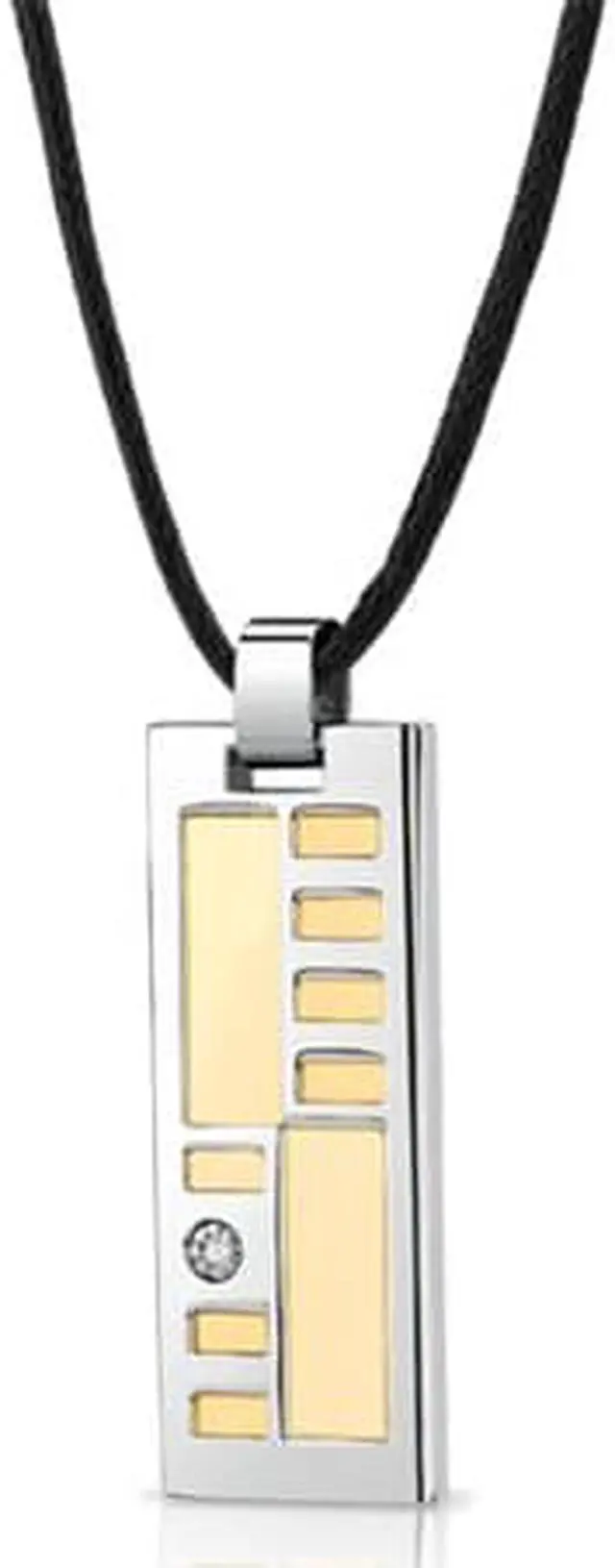 Alt view image 2 of 6 - Stainless Steel Two tone Solitaire CZ Fancy Dog Tag Pendant with adjustable Black cord