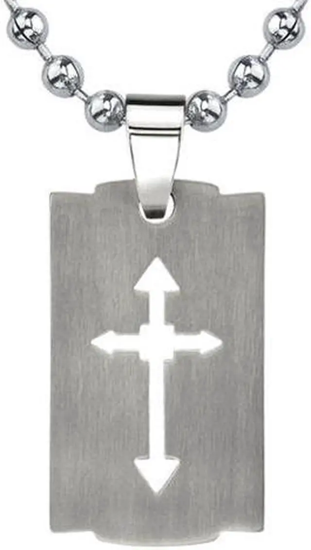 Main image of Strong Faith: Designer Inspired Titanium Brushed Finish Cut-out Arrow Cross Razor Bladed Design Dog Tag Pendant on a Stainless Steel Ball Chain for Men