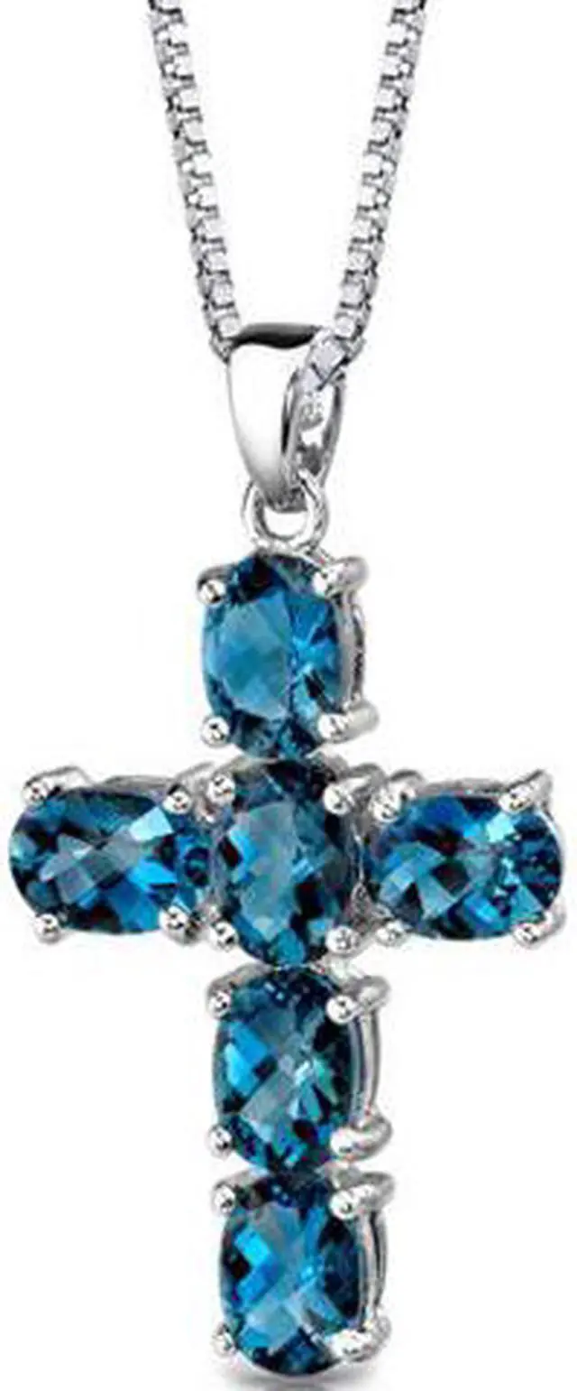 Main image of Radiant Glory: Sterling Silver 6.00 carats Oval Shape Checkerboard Cut London Blue Topaz CROSS Pendant with 18 inch Silver Necklace