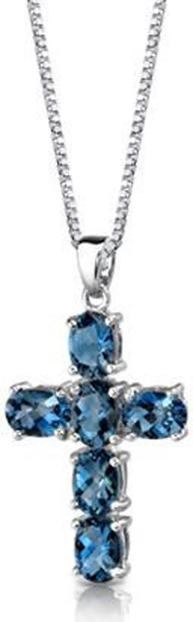 Alt view image 2 of 6 - Radiant Glory: Sterling Silver 6.00 carats Oval Shape Checkerboard Cut London Blue Topaz CROSS Pendant with 18 inch Silver Necklace