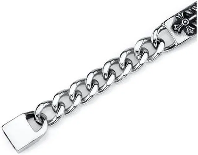 Main image of Rugged ID Style Stainless Steel Cross and Snake Curb Chain Bracelet