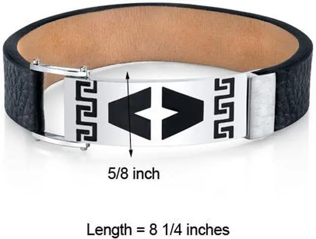 Alt view image 2 of 6 - Mens Greek Key Black Genuine Leather and Stainless Steel Bracelet