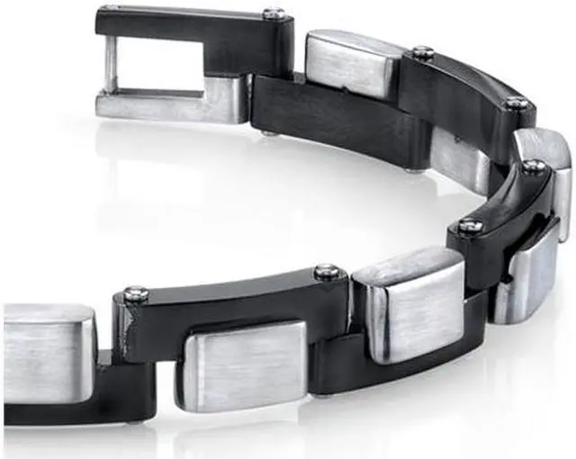 Main image of Mens Zig Zag Link Black and Brushed Stainless Steel Bracelet