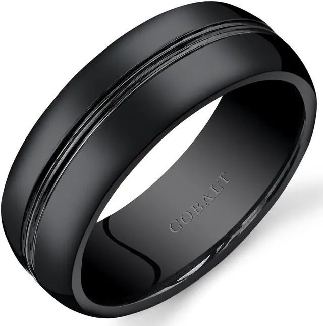 Main image of Mens 8mm Black Cobalt Wedding Band Ring Double Groove, Sizes 7 through 14
