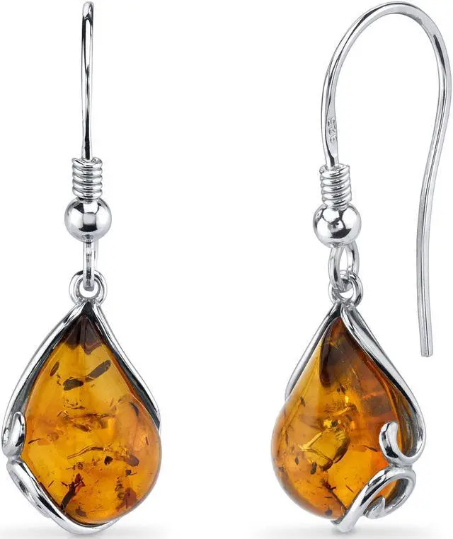 Main image of Oravo Baltic Amber Tear Drop Earrings Sterling Silver Cognac Color Fish Hook