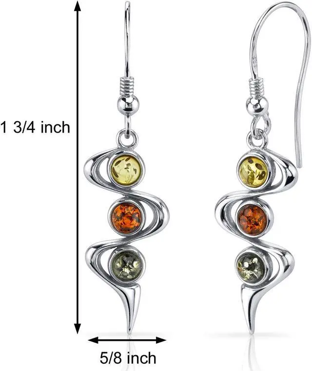 Alt view image 2 of 6 - Oravo Three Stone Baltic Amber Earrings Sterling Silver Green Honey Cognac Colors