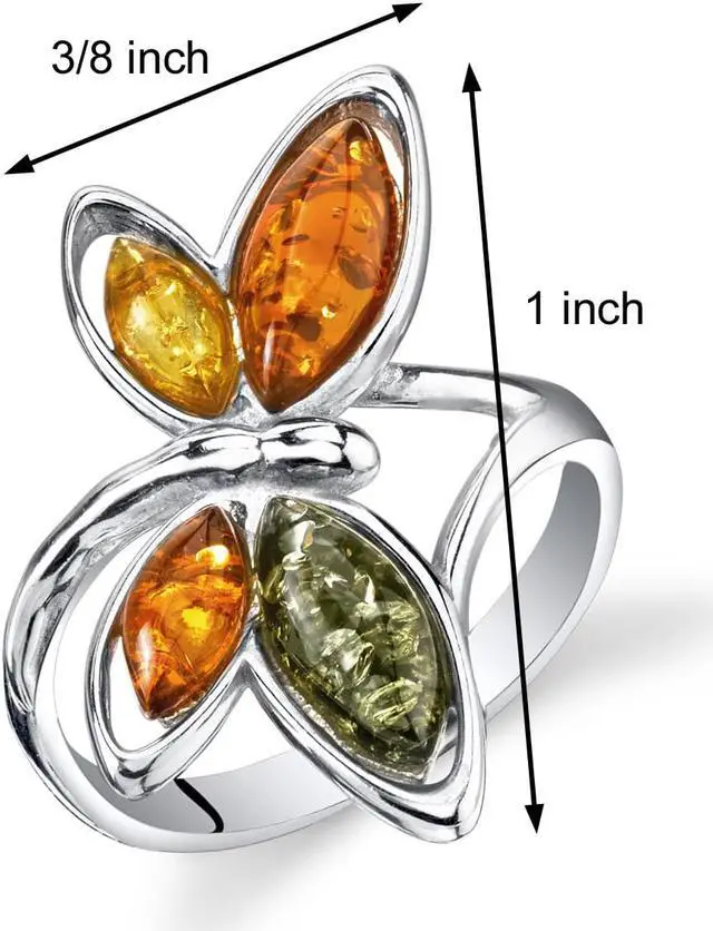 Alt view image 2 of 4 - Baltic Amber Butterfly Ring Sterling Silver Cognac Color Multiple Colors, Sizes 5 through 9