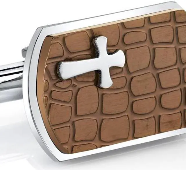 Alt view image 2 of 4 - Copper Cobblestone Cross Motif Stainess Steel Cufflinks