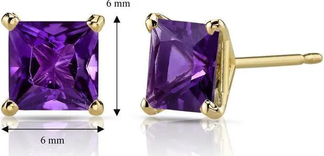 Alt view image 2 of 5 - 14K Yellow Gold Princess Cut 2.00 Carats Amethyst Stud Earrings