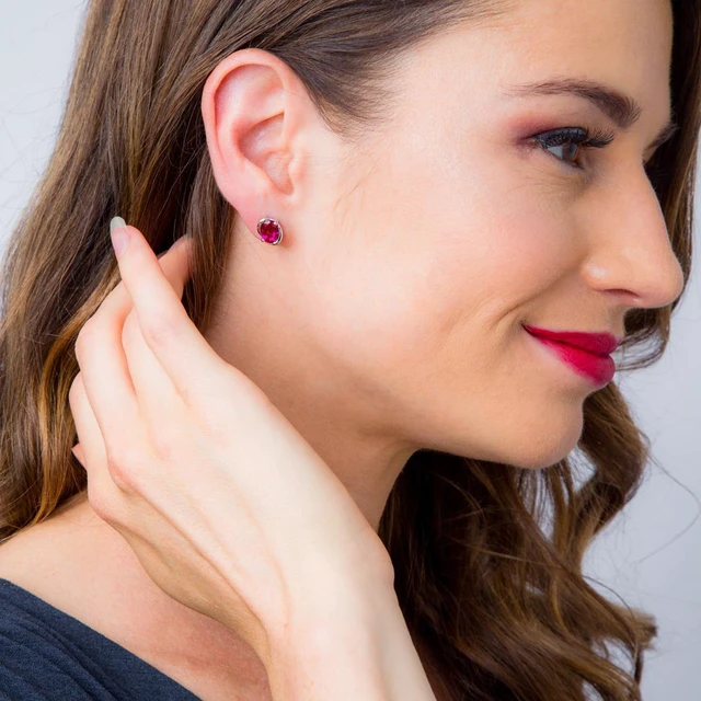 Alt view image 2 of 3 - Created Ruby Sterling Silver Bezel Stud Earrings 3.50 Carats Total