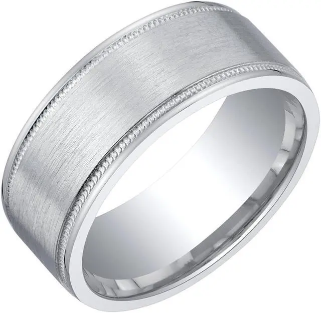 Main image of Mens Classic Sterling Silver Wedding Ring Band in Milgrain Brushed Matte 8mm Comfort Fit Size 13.5