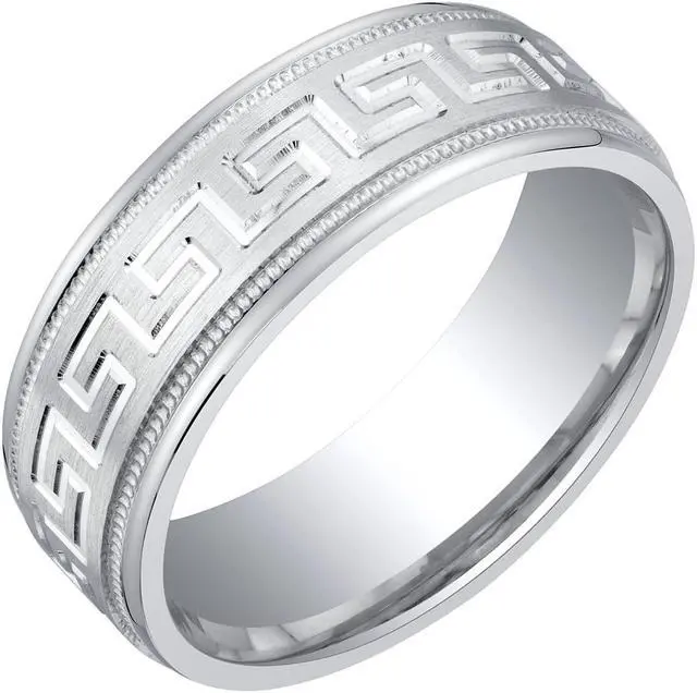 Main image of Mens Sterling Silver Greek Key Wedding Ring Band in Brushed Matte Milgrain 7mm Comfort Fit Size 10