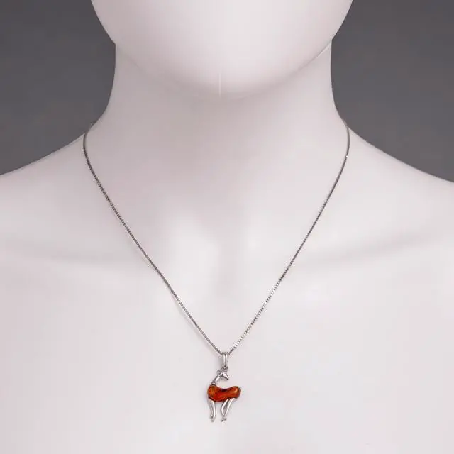 Alt view image 2 of 6 - Baltic Amber Sterling Silver Deer Pendant Necklace Cognac Color