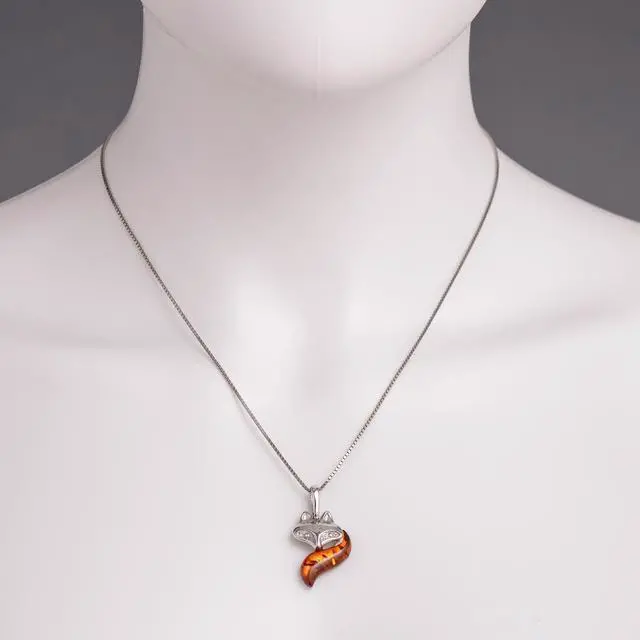 Alt view image 2 of 6 - Baltic Amber Sterling Silver Fox Pendant Necklace Cognac Color