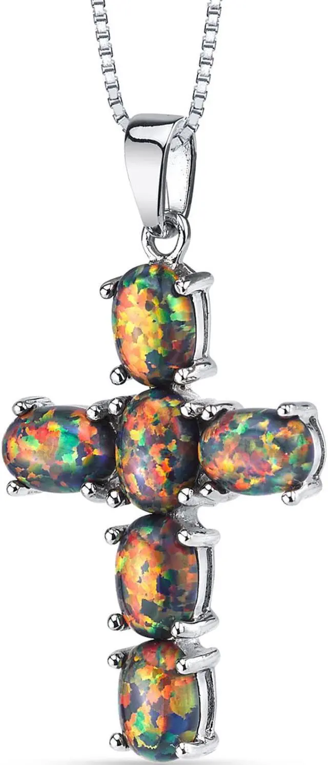 Main image of Created Black Opal Cross Pendant Necklace Sterling Silver 3.00 cts