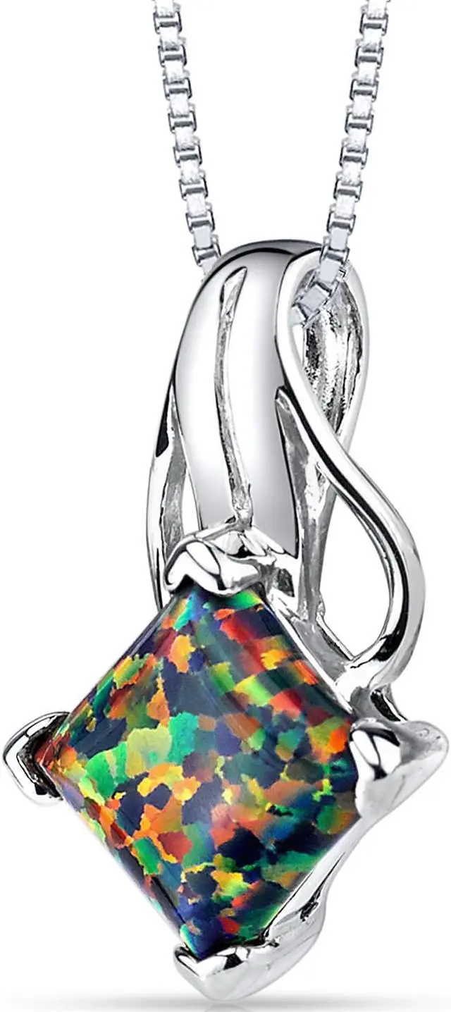Main image of Created Black Opal Princess Cut Pendant Necklace Sterling Silver 1.50 cts