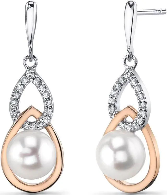 Main image of 7.5Mm Freshwater Cultured White Pearl Drop Earrings Rose Gold Tone Sterling Silver