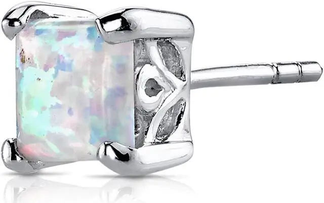 Alt view image 2 of 3 - Created Opal Stud Earrings Sterling Silver Princess Cut 2.00 Carats