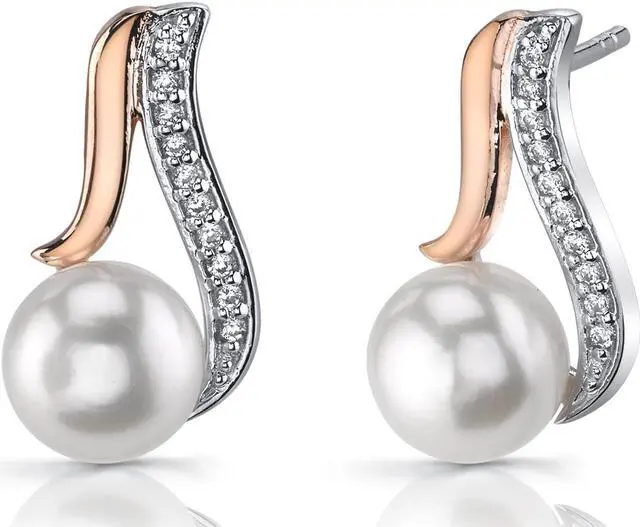 Main image of 7.5Mm Freshwater Cultured White Pearl Rose Gold Tone Sterling Silver Earrings