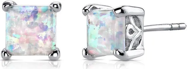 Main image of Created Opal Stud Earrings Sterling Silver Princess Cut 2.00 Carats