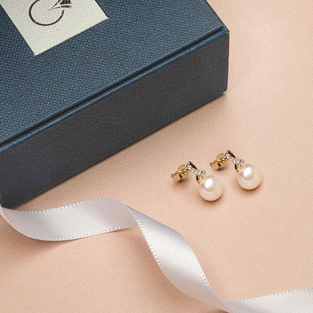 Alt view image 5 of 5 - 14K Yellow Gold Freshwater Pearl Infinity Solitaire Stud Earrings