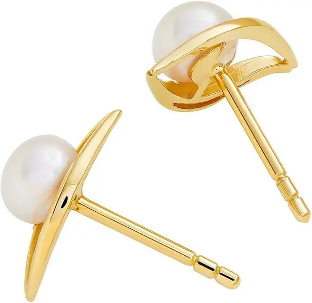 Alt view image 2 of 5 - 14K Yellow Gold Freshwater Pearl Leaf Design Stud Earrings