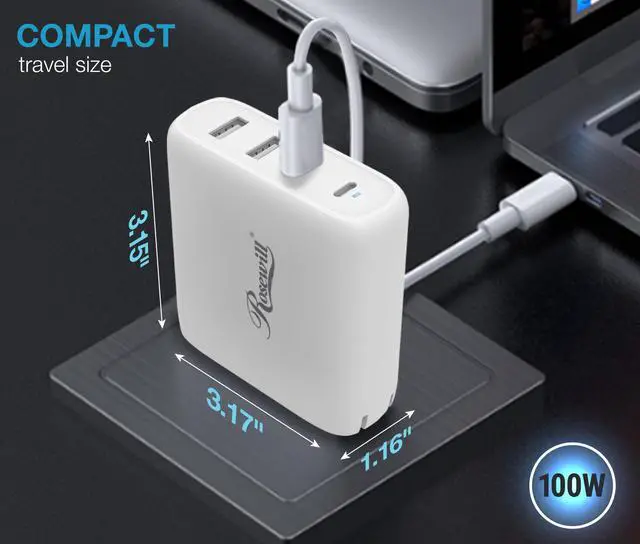 Alt view image 4 of 7 - Rosewill 100W Four-Port GaN Wall Charger with 2 USB-C Ports (65W + 18W) and 2 USB-A Ports (12W), PD 3.0 Power Delivery for Laptops, Tablets and Phones, White - (RBWC-20025)