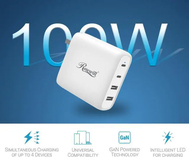 Alt view image 2 of 7 - Rosewill 100W Four-Port GaN Wall Charger with 2 USB-C Ports (65W + 18W) and 2 USB-A Ports (12W), PD 3.0 Power Delivery for Laptops, Tablets and Phones, White - (RBWC-20025)