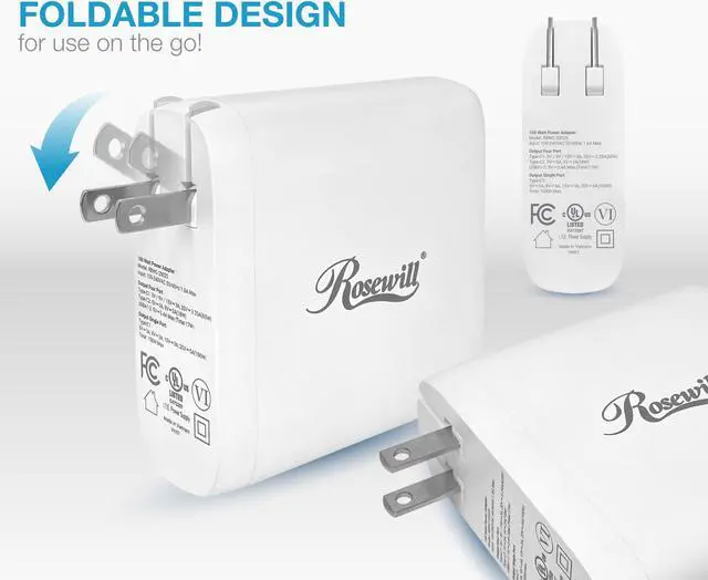 Alt view image 5 of 7 - Rosewill 100W Four-Port GaN Wall Charger with 2 USB-C Ports (65W + 18W) and 2 USB-A Ports (12W), PD 3.0 Power Delivery for Laptops, Tablets and Phones, White - (RBWC-20025)