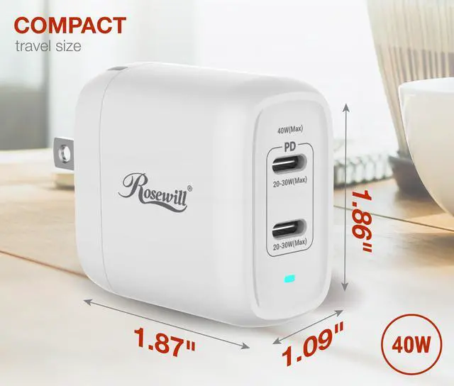 Alt view image 4 of 7 - Rosewill 40W Two-Port GaN Wall Charger with 2 USB-C Ports (20W), Up to 30W Single Port Output, PD 3.0 Power Delivery for Laptops, Tablets and Phones, White - (RBWC-20036)