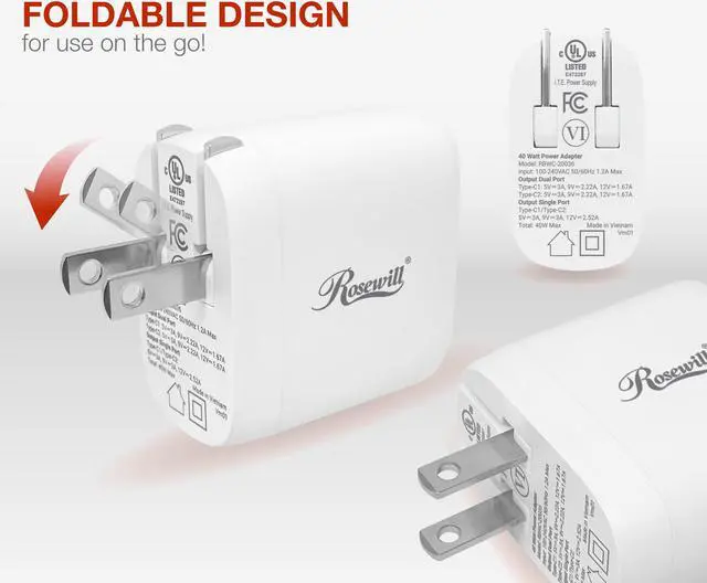 Alt view image 5 of 7 - Rosewill 40W Two-Port GaN Wall Charger with 2 USB-C Ports (20W), Up to 30W Single Port Output, PD 3.0 Power Delivery for Laptops, Tablets and Phones, White - (RBWC-20036)