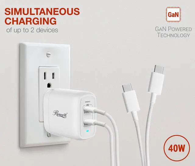 Alt view image 3 of 7 - Rosewill 40W Two-Port GaN Wall Charger with 2 USB-C Ports (20W), Up to 30W Single Port Output, PD 3.0 Power Delivery for Laptops, Tablets and Phones, White - (RBWC-20036)