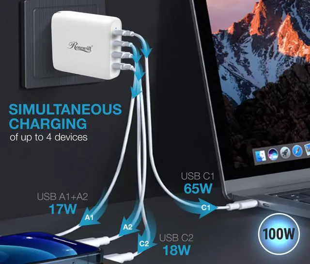 Alt view image 3 of 7 - Rosewill 100W Four-Port GaN Wall Charger with 2 USB-C Ports (65W + 18W) and 2 USB-A Ports (12W), PD 3.0 Power Delivery for Laptops, Tablets and Phones, White - (RBWC-20025)