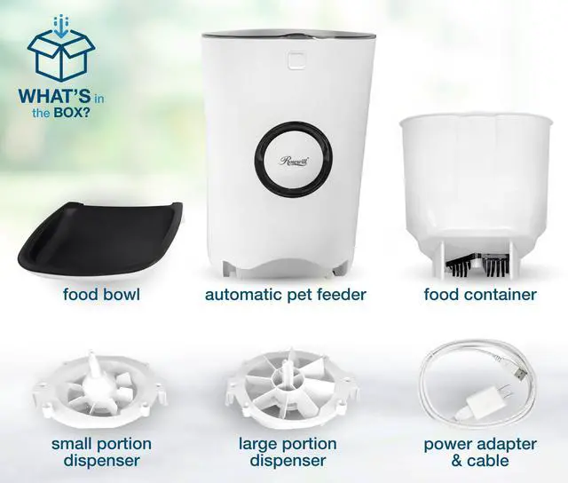 Alt view image 8 of 8 - Rosewill Automatic Pet Feeder Food Dispenser for Cat or Dog, Up to 6.5 lbs of Dry Food with Alarm, Portion Control & Voice Recorder, Programmable, USB & Battery Powered, White - (RPPF-21001)