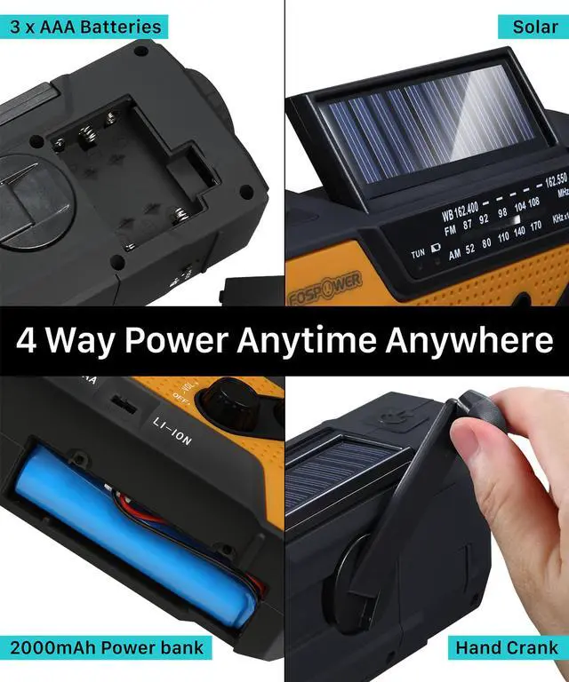 Alt view image 4 of 6 - FosPower Emergency Solar Crank Portable Radio, NOAA Weather Radio for Household and Outdoor Emergency with AM/FM, LED Flashlight, Reading Lamp, 2000mAh Power Bank with USB Port and SOS Alarm