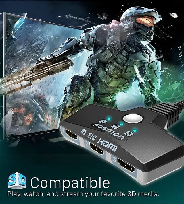 Alt view image 4 of 7 - Fosmon 3-Port HDMI Switch 2.0, 4K HDMI Switcher Supports UHD 3D HDR 1080P HDCP 2.2, HDMI Splitter for Apple TV, Roku, Fire Stick, PS5, Xbox