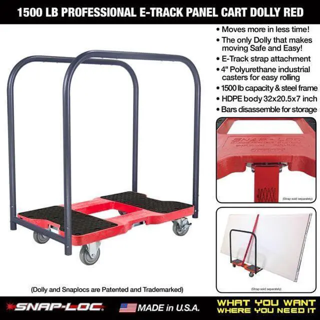 Alt view image 2 of 7 - Snap-Loc 1500 Lb Industrial Strength Professional E-Track Panel Cart Dolly Red SL1500PC4R