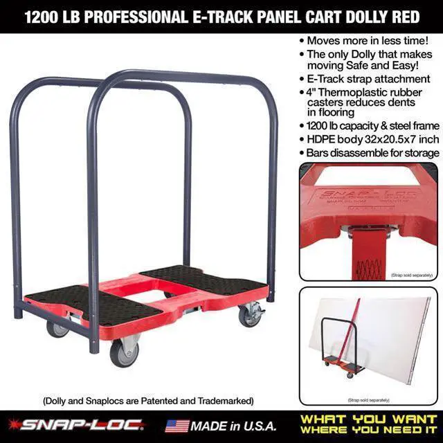 Alt view image 4 of 16 - Snap-Loc 1200 Lb Professional E-Track Panel Cart Dolly Red, Safely Moves More In Less Time With Easy Rolling Casters, Removeable Panel Bars, Optional E-Strap Safety Attachment! SL1200PC4TR