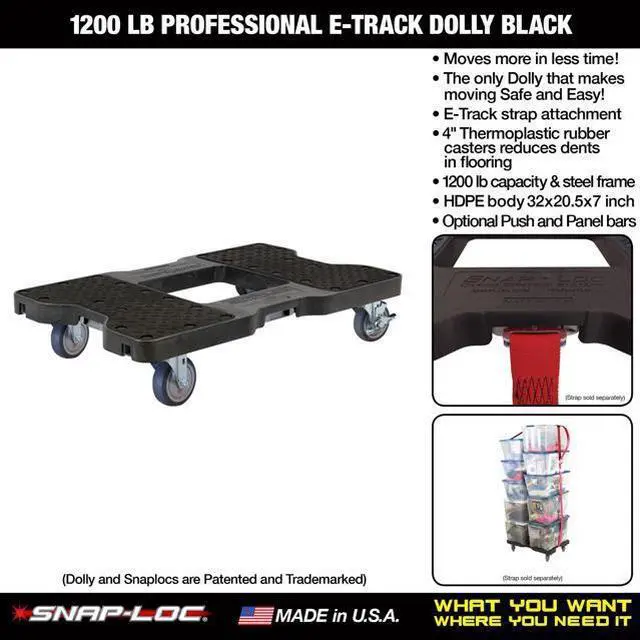 Alt view image 4 of 14 - Snap-Loc 1200 Lb Professional E-Track Dolly Black, Safely Moves More In Less Time With Easy Rolling Casters And Optional E-Strap Safety Attachment! SL1200D4TB