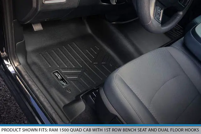 Alt view image 2 of 7 - SMARTLINER Floor Mats 2 Row Liner Set Black Compatible With 2012-2022 RAM 1500 Quad Cab with 1st Row Bench Seat and Dual Floor Hooks