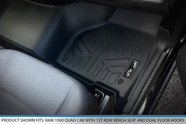 Alt view image 3 of 7 - SMARTLINER Floor Mats 2 Row Liner Set Black Compatible With 2012-2022 RAM 1500 Quad Cab with 1st Row Bench Seat and Dual Floor Hooks