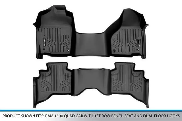 Alt view image 5 of 7 - SMARTLINER Floor Mats 2 Row Liner Set Black Compatible With 2012-2022 RAM 1500 Quad Cab with 1st Row Bench Seat and Dual Floor Hooks