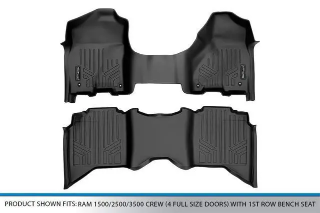 Alt view image 5 of 7 - SMARTLINER Floor Mats 2 Row Liner Set Black Compatible With 2012-2022 Ram 1500/2500/3500 Crew (4 Full Size Doors) with 1st Row Bench Seat