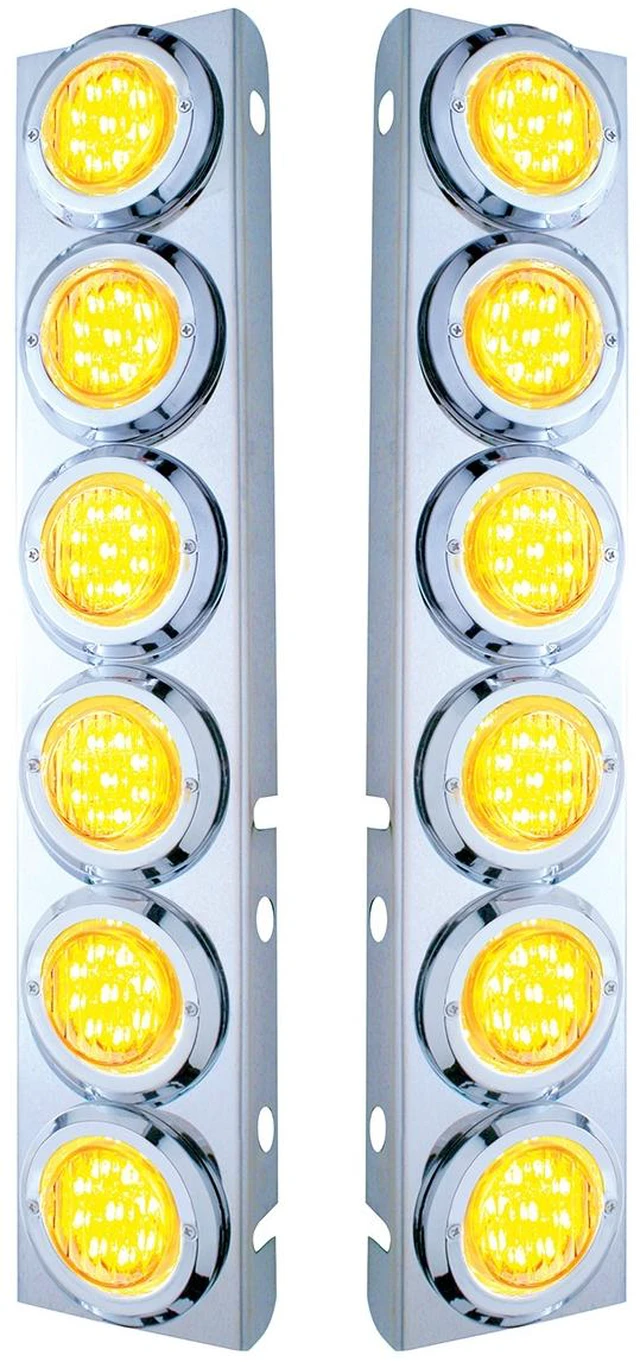 Main image of United Pacific 33709 Air Cleaner Light Bar, Front, Stainless Steel, with Bracket, Clearance/Marker Light, Amber LED, Clear Lens, with Chrome Bezels 9 LED Per Light, for Peterbilt Trucks