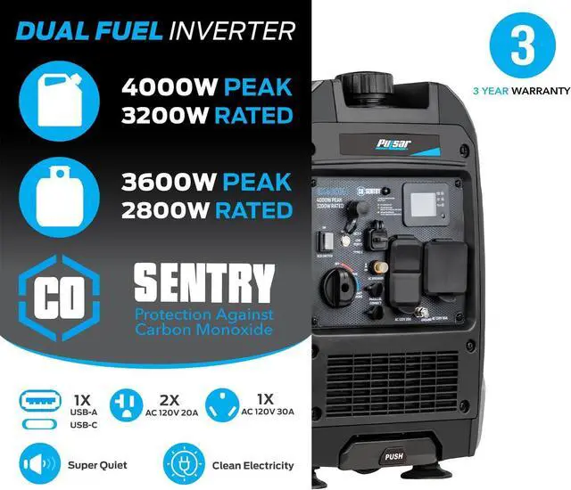 Alt view image 5 of 7 - Pulsar Products GX400BN DUAL FUEL 4000W INVERTER GENERATOR WITH CO ALART